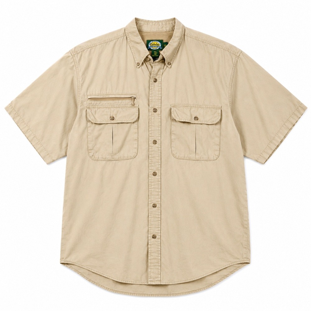 Cabelas Fishing Shirt Mens L Tan Short Sleeve Vented Cotton Button Up 903395